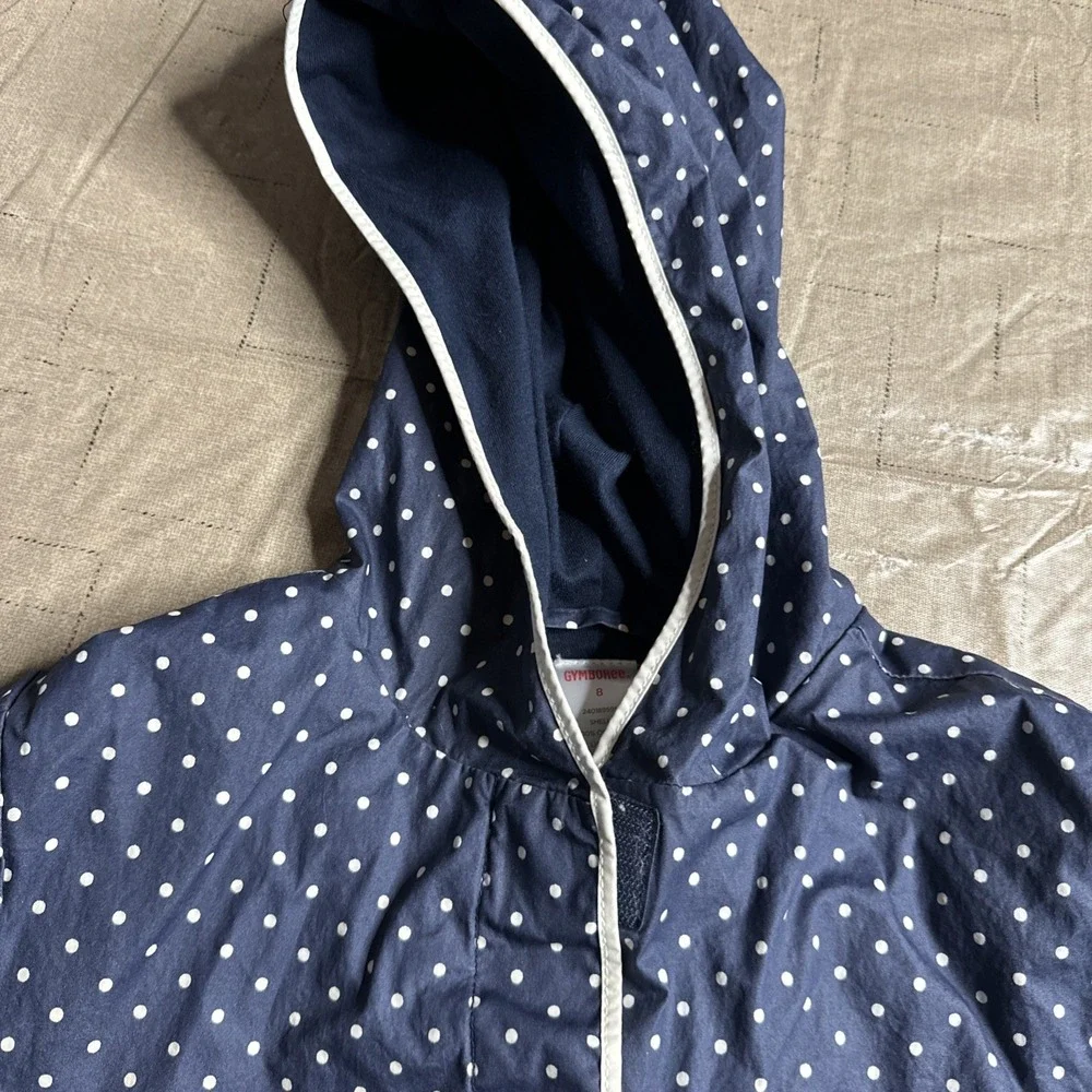 Gymboree Wish You Were Here Polka Dot Raincoat Navy White Hood Lined Size‎ 8